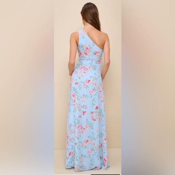 NWT Lulu’s Elegant Admiration Light Blue Floral One-Shoulder Maxi Dress L and XL - Picture 2 of 7